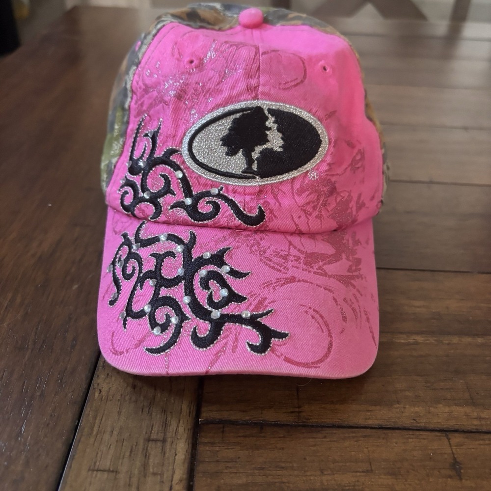 Signatures Mossy Oak Women's Pink Rhinestone Camo Baseball Hat Adjustable Back